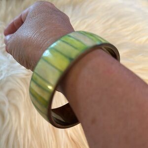 Green Striped metal and shell Bangle Bracelet